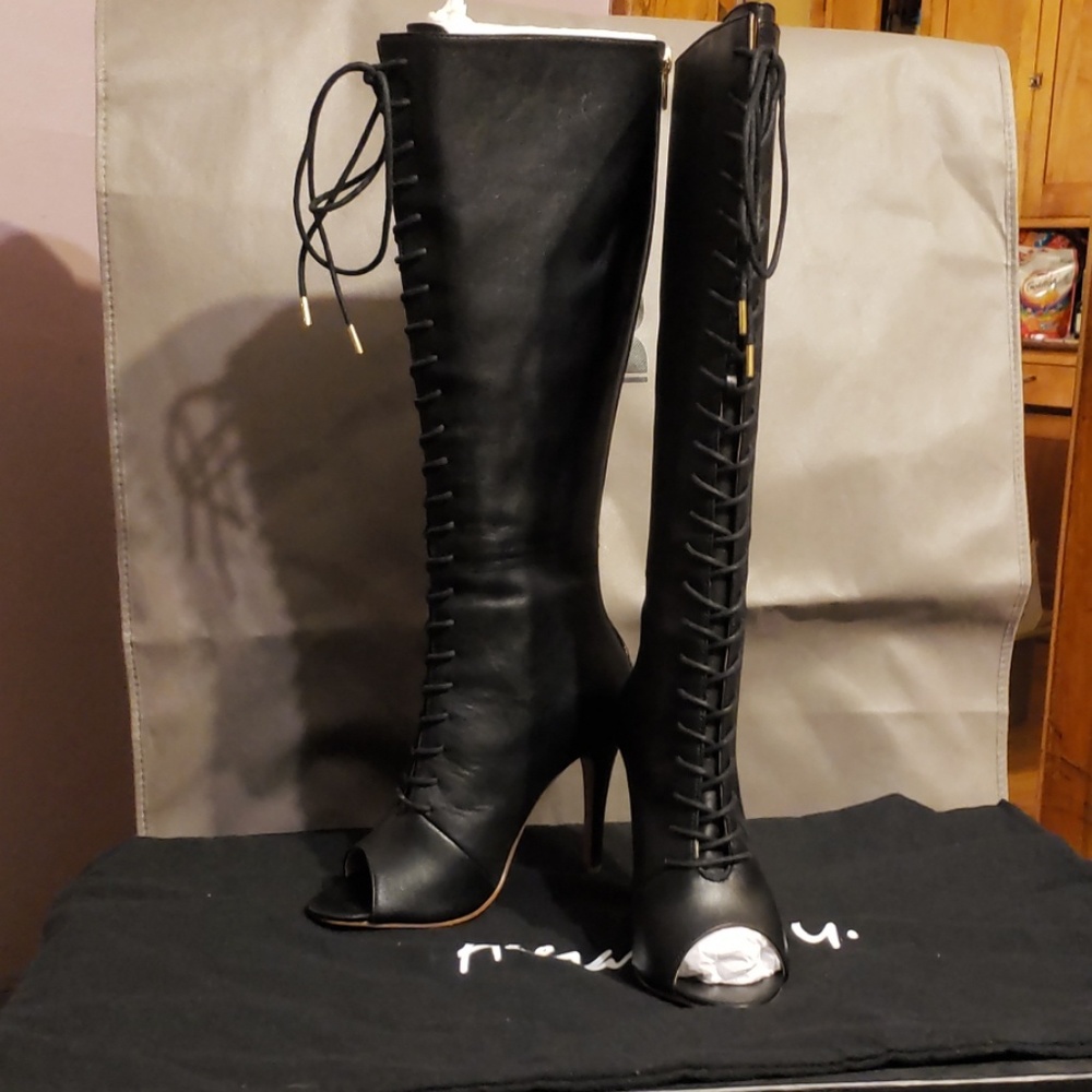 NIB lace up peep toe knee high boots
